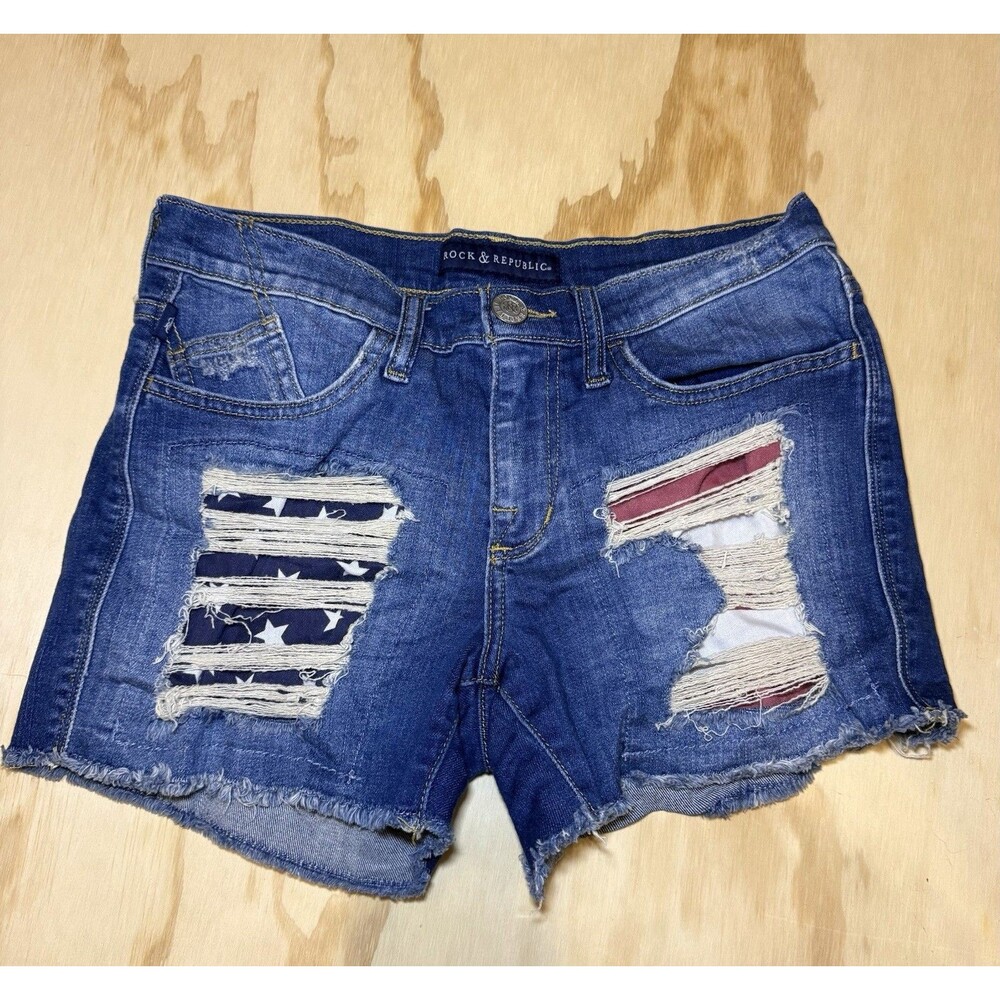 Rock & Republic Women’s Blue Distressed American Flag Denim Shorts